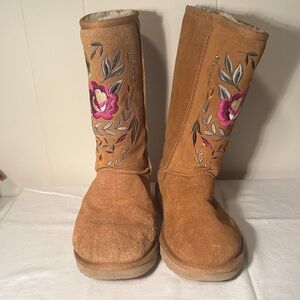 UGG Brown Boots with embroidered Pink Floral Design